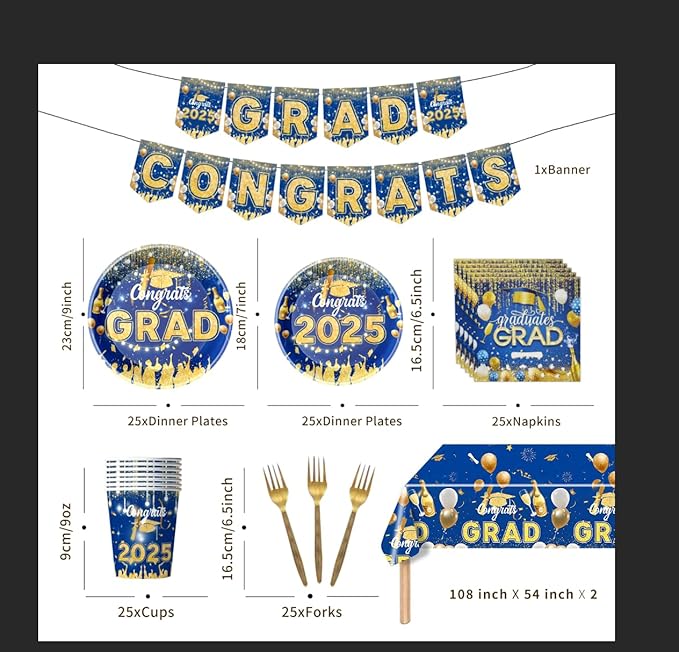 128 Pcs Blue And Gold Graduation Decorations 2025,Graduation Decorations 2025 Deals Set Include Tablecloth , Paper Plates, Cups,Forks, Napkins, Grad Banner Is Suit For Any Grad Party.