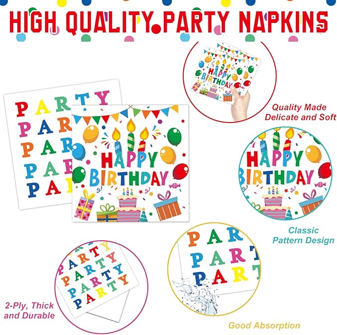 Happy Birthday Decorations - Colorful Dots Birthday Party Supplies Includes Plates, Napkins, Cups, Cutlery, Banner, Hanging Swirl, Tablecloth, Balloons for Kids Boys Girls, Serves 24