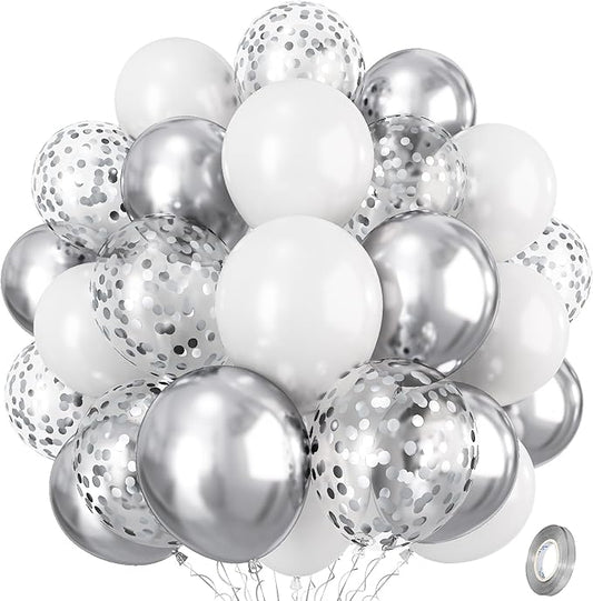 Silver and White Balloons, 12 Inch Metallic Silver White Latex Balloons Set Decor with Silver Confetti Helium Balloons for Boys Girls Birthday Party Baby Shower Wedding Graduation Party Decorations