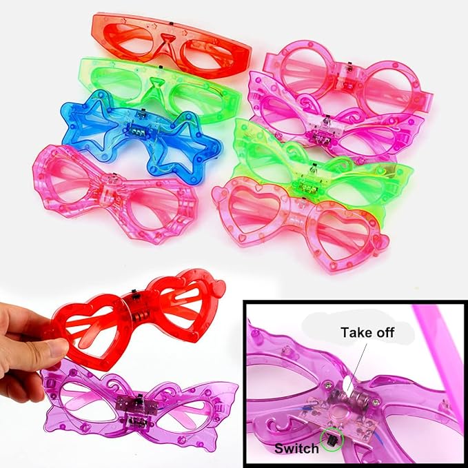 24 Packs LED Glasses for kids Glow in the dark Party Supplies Favor,6 LED 6 Shapes Glasses Flashing Plastic Light up Glass Toys Bulk 3 Replaceable Battery fit Halloween Christmas Thanksgiving