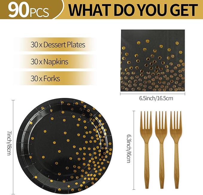90PCS Black and Gold Paper Plates and Napkins Set, Disposable Gold Dot Party Plates with Napkins Forks Dessert Dinnerware Party Supplies for Wedding, Graduation, Festivals
