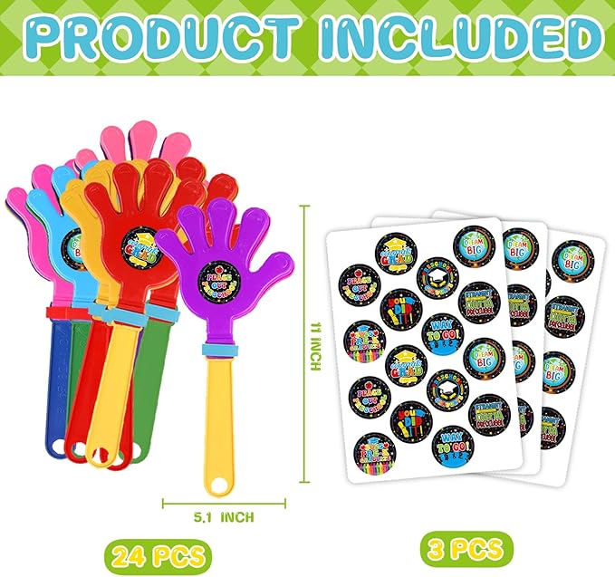 24Pcs Kindergarten Graduation 2025 Hand Clappers Noisemakers, 7.5 Inch Plastic Graduation Noise Makers with Stickers for Graduation Celebrations Birthday Gift, Classroom Prizes and Supplies