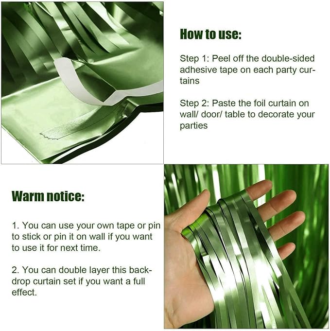 4 Pack Light Green Foil Fringe Curtain Backdrop, 3.28Ft x 8.2Ft Metallic Tinsel Foil Fringe Streamer Curtains for Photo Booth Props, Birthday, Wedding, Christmas Decorations Party Supplies New