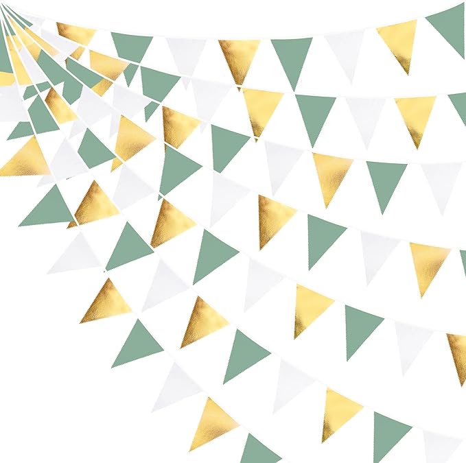 32Ft Sage Green Party Decorations Sage Green and Gold Triangle Flag Fabric Banner Pennant Bunting Garland Streamers for Rustic Party Wedding Baby Shower Birthday Home Nursery Outdoor Garden Decor