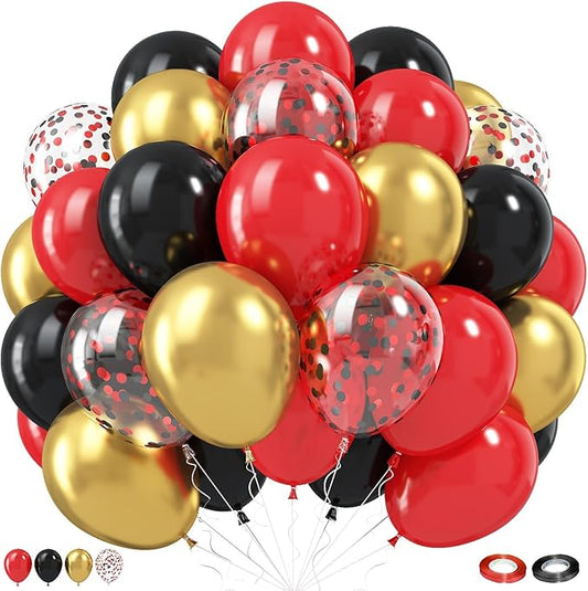 Red Gold Black Balloons, 60pcs 12 Inch Black Red Balloon Set with Metallic Chrome Gold Red Black Confetti Balloon Latex Helium Party Balloons for Graduation Birthday Wedding Bridal Shower Decorations