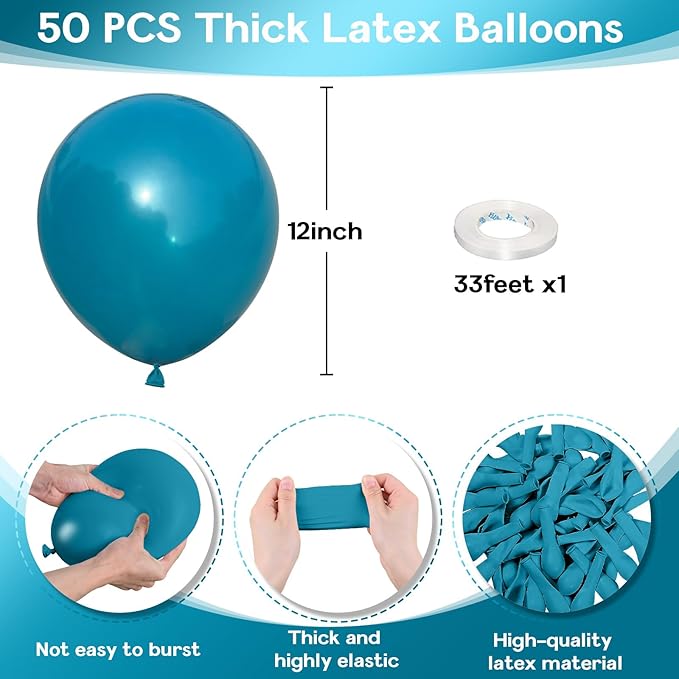 Peacock Blue Balloons 12 Inch, 50 Pcs Turquoise Blue Balloon Teal Blue Latex Balloons Matte Dark Teal Aqua Blue Helium Balloons for Birthday Baby Shower Wedding Whale Theme Party Decorations