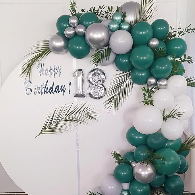 Green Balloons, 12 Inch Dark Emerald Lime Green Metallic Silver Latex Balloons for Boys Men Birthday Video Game Forest Jungle Dinosaur Themed Party St. Patrick's Day Graduation Decoration Supplies