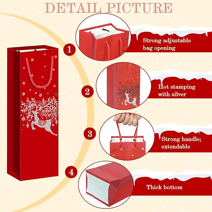 Xylitic 12 Pack Christmas Wine Bags with Handles, Holiday Wine Gift Bags for Bottles, Winter Wedding Birthday Xmas Party Supplies (4.7” x 3.5” x 14”)