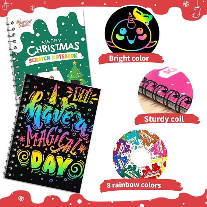 Party Favors for Kids: 16 Pack Christmas Rainbow Scratch Art Notebook Classroom School Supplies Bulk for Girls Boys Goodie Bags Stuffers, Return Gifts for Birthday Party Gift Kid Crafts