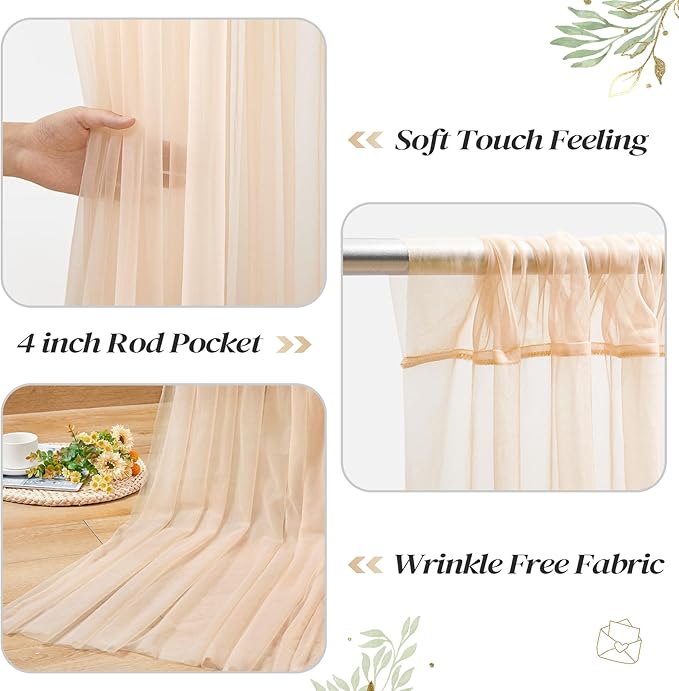 20ft x 10ft Champagne Backdrop Curtain with Lights String for Parties, Sheer Tulle Wedding Photo Backdrops Drapes for Baby Shower Birthday Party Decorations Background for Photography