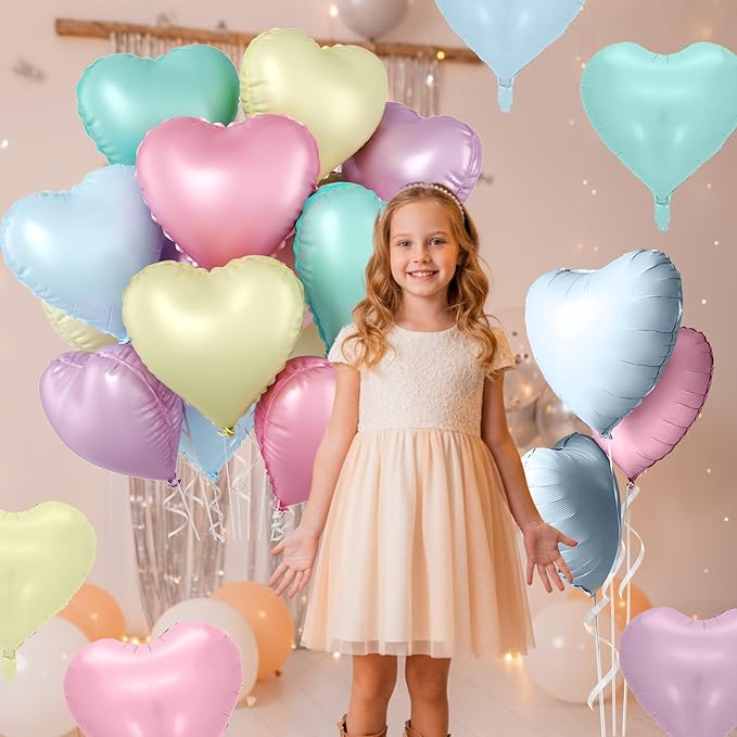 Pastel Heart Balloons, 10 Pcs Macaron Heart Shape Balloon, 18 Inch Pastel Pink Purple Teal Blue Yellow Foil Valentines Balloons for Kids Candy Birthday Wedding Valentines Baby Shower Party Decorations