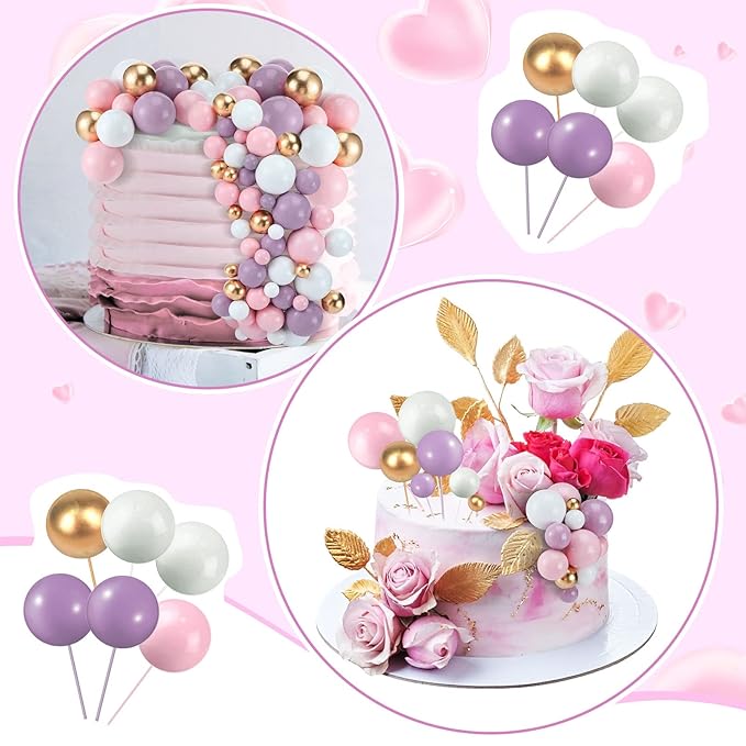 108 Pcs Balls Cake Topper DIY Cupcake Insert Foam Balloons for Cake Baking Wedding Anniversary Birthday Decoration(Pink, Purple, White, Gold,Multi Sizes)