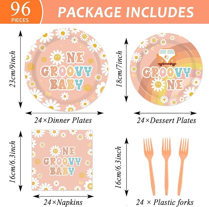 96PCS One Groovy Birthday Party Decorations Groovy One Party Paper Plates Napkins for Girls Daisy Flower Hippie 1st Tableware for Newborn Retro Boho Baby Shower Party Decor Supplies