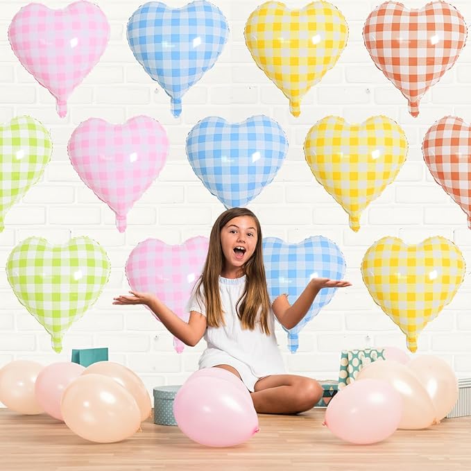 Pastel Grid Heart Balloons, 10 Pcs Rainbow Checkered Heart Shape Balloon, 18 Inch Pink Yellow Blue Red Green Lattice Foil Balloons Helium for Kids Birthday Valentines Baby Shower Party Decorations