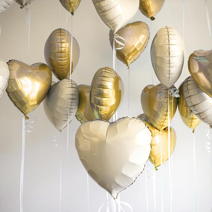 Champagne Gold Cream Heart Balloons, 19PCS Light Gold Heart Shape Balloons, 18Inch with 10Inch Beige Foil Heart Balloon for Birthday Marriage Wedding Bridal Party Anniversary Decoration