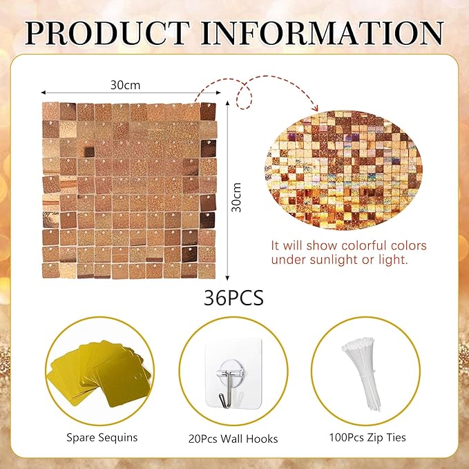 36 PCS Champagne Shimmer Wall Backdrop, Laser Square Sequin Photo Backdrops Panel, Glitter Wall Background for Birthdays, Weddings, Halloween, Engagements, Disco Bachelorette Party Decoration (6x6FT)