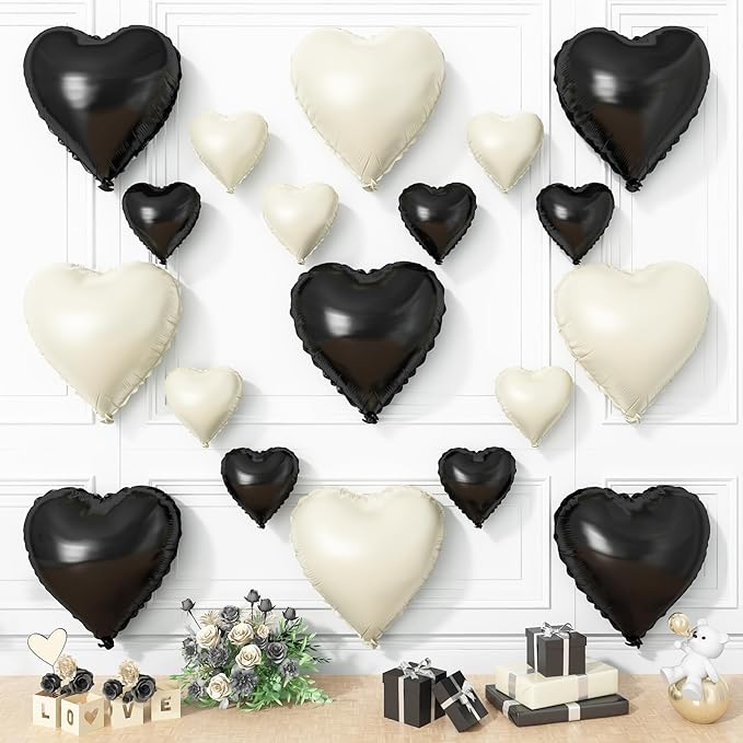Black White Heart Balloons, 19PCS Black and Cream White Heart Shape Balloon, 18Inch with 10Inch White Sand Black Helium Foil Balloon for Birthday Baby Shower Bridal Wedding Party Decorations