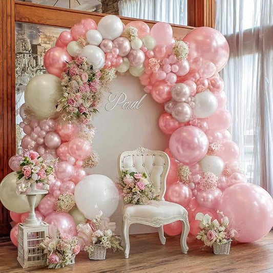 Pearl Pink White Balloon Arch, Double Stuffed Light Pastel Pink Cream White Sand Balloon Garland Kit for Birthday Baby Shower Bridal Wedding Party Decorations