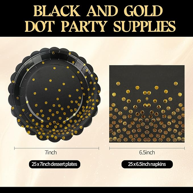 50PCS Black and Gold Paper Plates and Napkins, 7Inch Black and Gold Dot Party Supplies Disposable Party Plates Tableware Set for Birthdays, Graduations, Fathers Day Retirement and Weddings Decorations