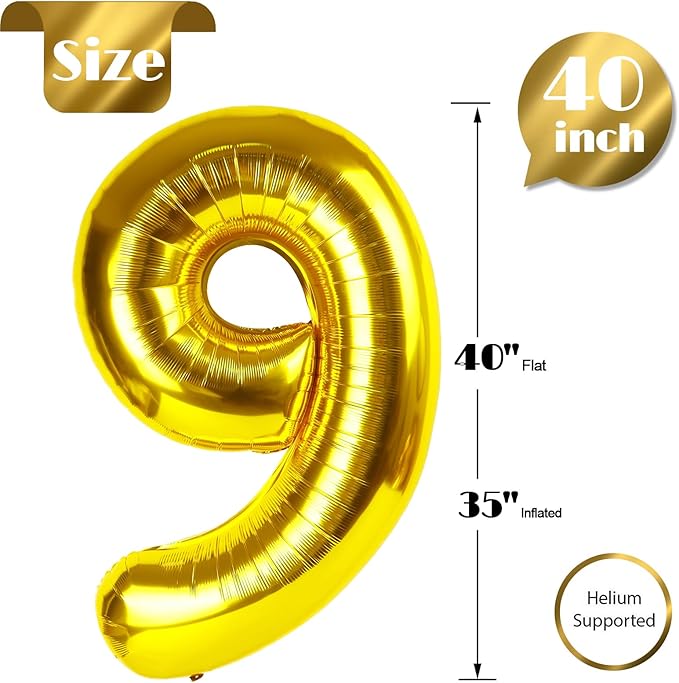 Gold Number 9 Balloon 40 Inch, 9th Birthday Party Decorations for Children, Giant 9 Foil Balloon for Party Supplies