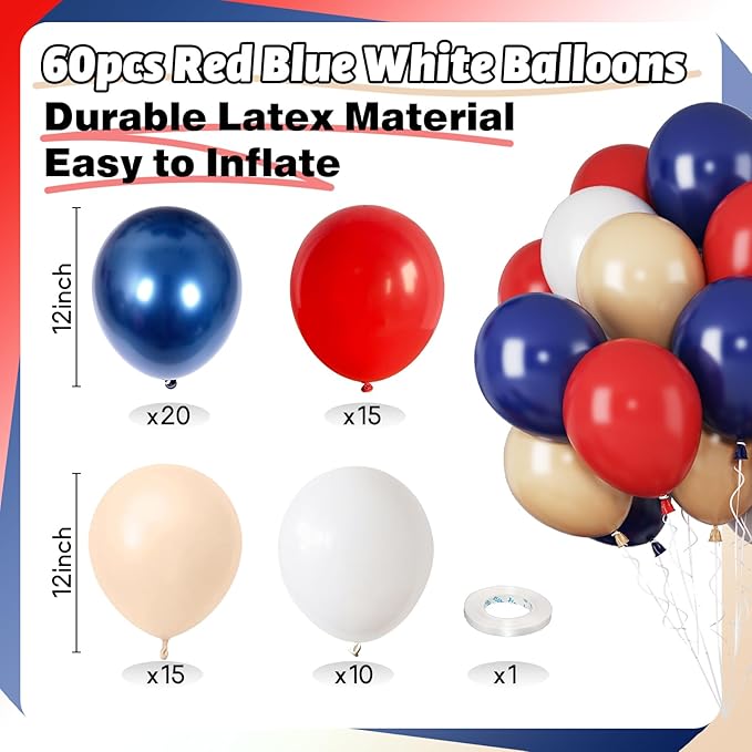 Baseball Theme Balloons - 60PCS 12INCH Red, White & Blue Nautical Helium Latex Balloons for Sports, Birthday, Baby Shower Decorations