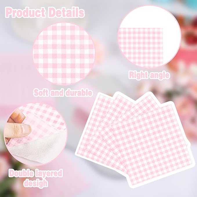 FLOWERCAT 100-Count 2-Ply Pink Checkered Cocktail Napkins Checkered - Pink Cocktail Napkins Disposable Premium Quality- 5“ x 5" Paper Napkins for Easter Party,Bar,Birthday,Mother's Day