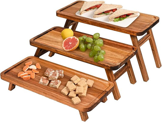 GEHE 3 Tier Serving Tray Acacia Wooden Tiered Tray Stand Foldable Dessert Table Display Set Decor Charcuterie Boards for Party, Birthday, Wedding, Christmas
