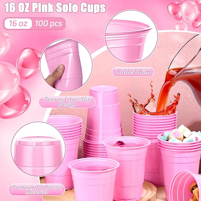 Dualshine 100 Pack Pink Plastic Cups 16 oz, Disposable Cups for Party, Heavy Duty Drinking Cups, Graduation Shot Cup for Wedding Birthday Beer Taste Serving Snack Sample Tastings Barbecues Picnic