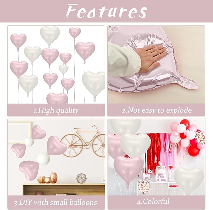 Baby Pink Heart Balloons: 10PCS 18inch Pastel Pink Beige Foil Heart Balloons for Girls Birthday Baby Shower Valentines Decorations