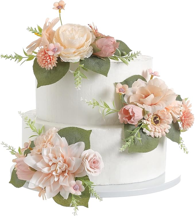 Cake Toppers Flowers,3 Pieces Hand-made Silk Flowers Cake Decorations for Birthday Baby Shower Wedding Valentine's Day Celebration Boho Party Supplies (Champagne)