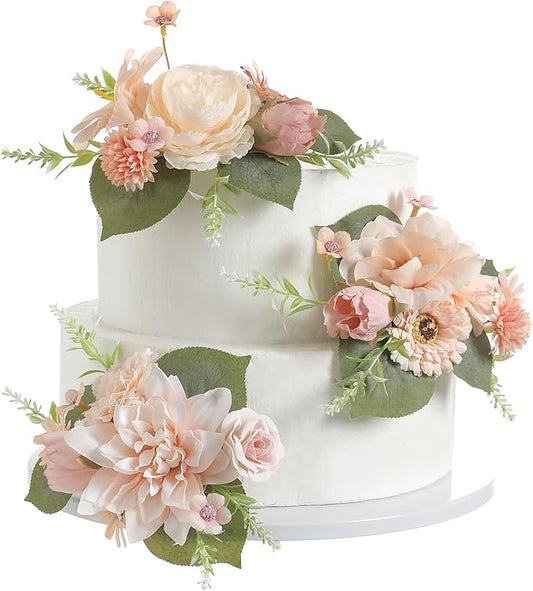 Cake Toppers Flowers,3 Pieces Hand-made Silk Flowers Cake Decorations for Birthday Baby Shower Wedding Valentine's Day Celebration Boho Party Supplies (Champagne)