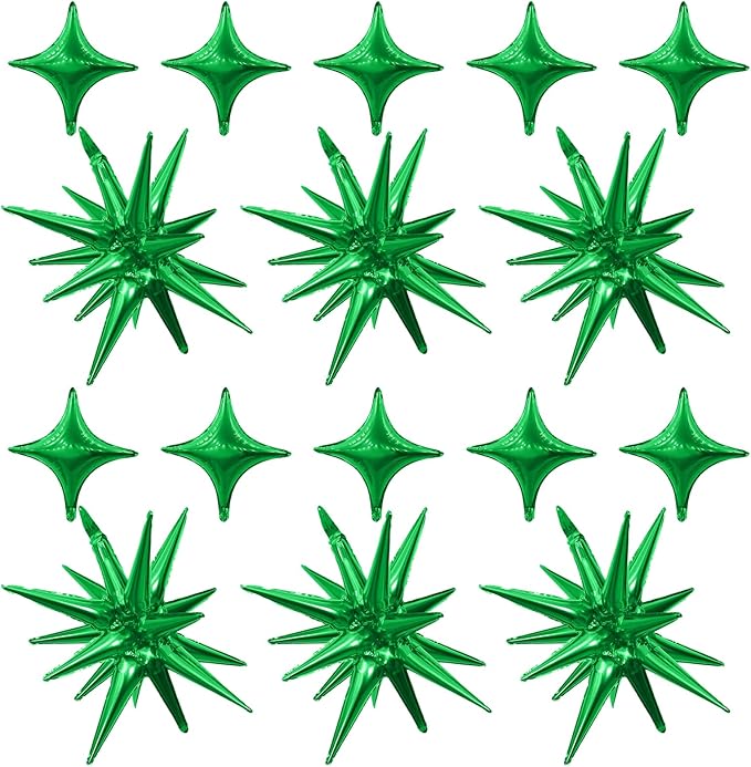 Green Star Balloons,6Pcs 22Inch Explosion Star Balloons and 10Pcs 10Inch Four Angle Balloon Kit for Witch Halloween Birthday Anniversary Disco Party Decorations