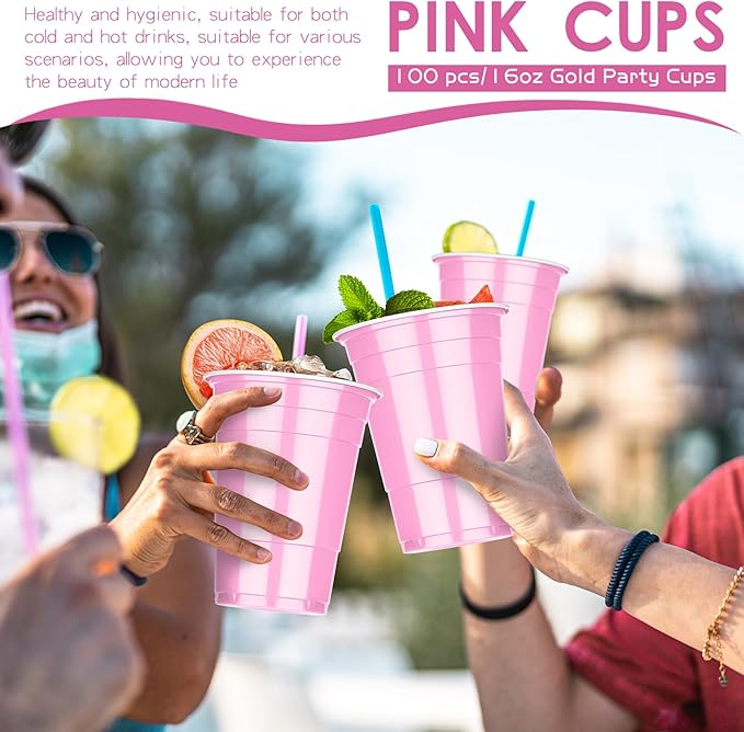 Dualshine 100 Pack 16 oz Pink Plastic Cups, Disposable Plastic Party Cups, Heavy Duty Drinking Water Cup for Wedding Birthday Graduation Valentine's Day Christmas Baby Shower Picnic Barbecues Supplies