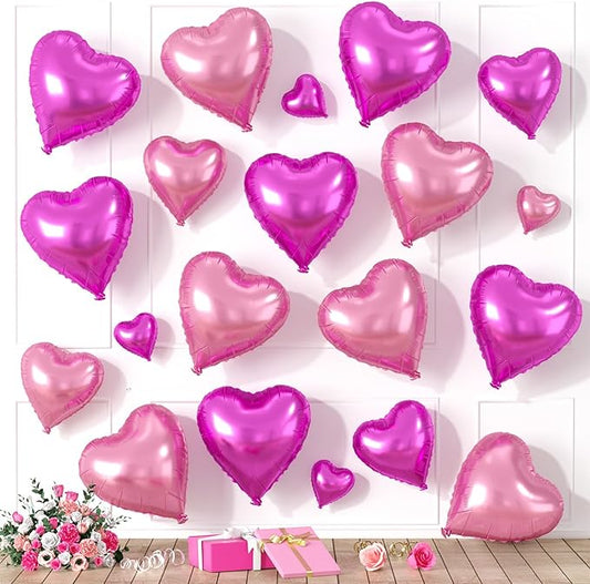 Hot Pink Heart Balloons, Heart Shaped Ballons, 20 Pcs 5/10/18 inch Pink Foil Love Balloons for Valentine's Day Decorations Wedding Engagement Bridal Showers Anniversary Celebrations