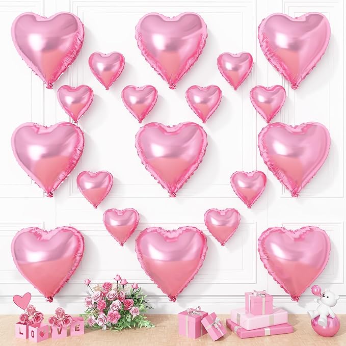 Pink Heart Balloons, 19PCS Pink Heart Shape Balloons, 18Inch with 10Inch Pink Helium Foil Heart Balloon Love Balloon for Girls Birthday Marriage Wedding Engagement Party Anniversary Decoration