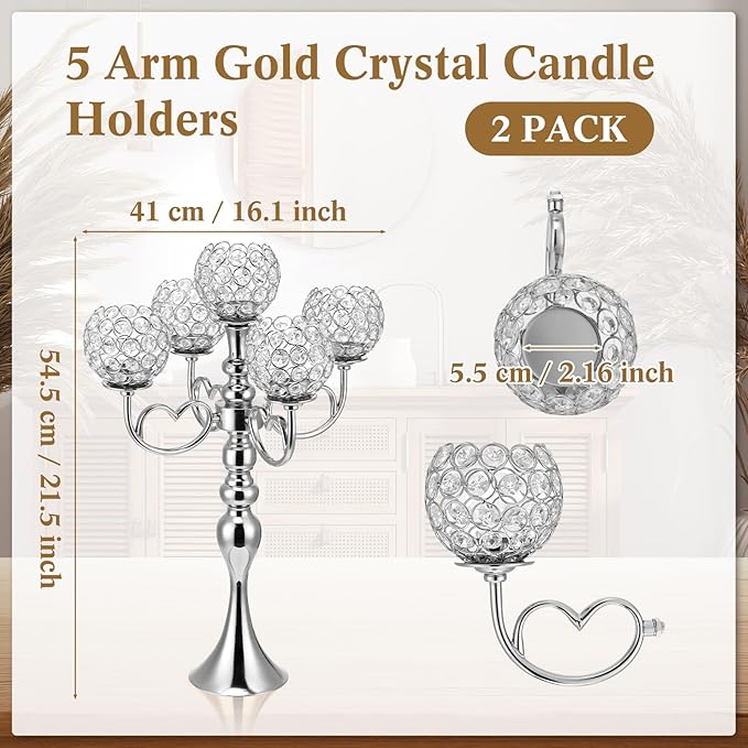 2 Pack 5 Arm Crystal Candelabra Centerpieces 21.5 Inch Tall Candle Holder Table Candelabra Stand with Crystal Candle Holder Bowl for Home Wedding Anniversary Dinner Party Table Decoration (Silver)
