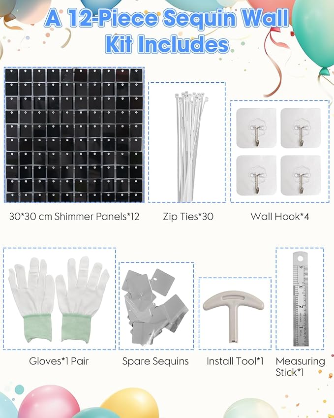 Black Shimmer Wall Backdrop 12 Panels Cover 4 x 3 Ft, Photo Backdrops for Wedding,Anniversary,Birthday,Party Decoration