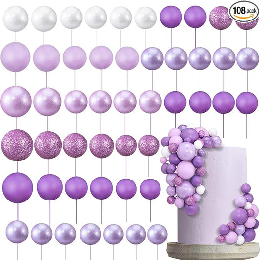 108 Pcs Balls Cake Topper DIY Cupcake Insert Foam Balloons for Cake Baking Wedding Anniversary Birthday Decoration(Assorted Purple,Multi Sizes)