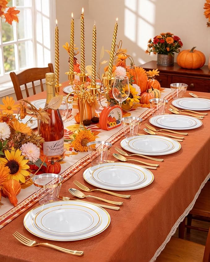 bUCLA 150PCS Gold Plastic Dinnerware Set Disposable - Heavy Duty Gold Plates Include 25 Dinner & 25 Dessert Plates,25 Forks,25 Knives,25 Spoons&25 Cups for Party&Thanksgiving Table Decor