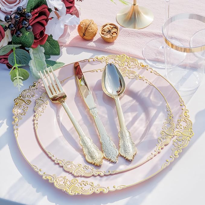 Nervure 175PCS Pink Plastic Plates - Disposable Pink Gold Party Plates & Pre Rolled Napkins with Cutlery for 25 Guests, 50Plates, 75Silverware, 25Cups, 25Napkin for Wedding & Party
