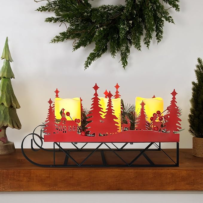 Christmas Sleigh Centerpiece Table Decorations with Flickering Led Candle Lights Xmas Sleigh Silhouette Candelabrum for Dinning Room, Table, Fireplace, Mantel Holiday Decoration