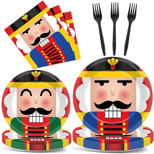 96 Pcs Christmas Nutcracker Plates Party Supplies for 24 Guests Merry Christmas Tableware Table Decorations Soldier Model Nutcracker Plates Napkins Dinnerware for Kids Winter Xmas Holiday Party Favor