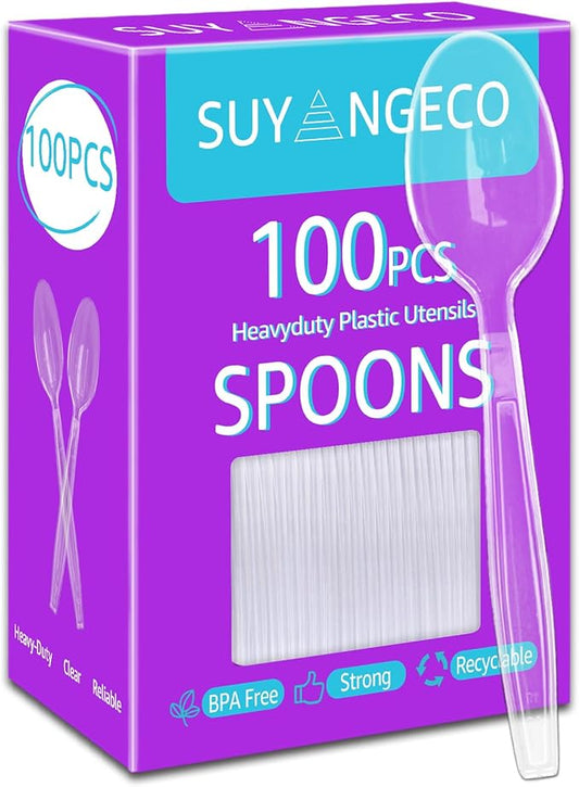 [100 Count] Clear Plastic Spoons Heavy Duty Disposable Spoon Reusable Bulk Plastic Utensils Sturdy Cutlery Set Durable Plasticware Silverware for Party,Every Day Use,Picnic,Camping,Wedding,Barbecues