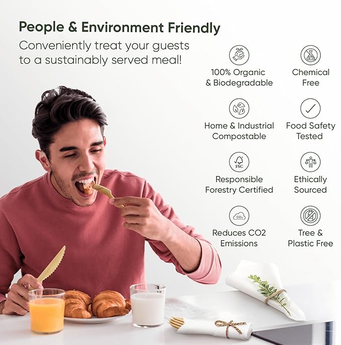 Luxury Pre-Rolled Napkin and Bamboo Cutlery Set (50 Pack, 200 PCS) 100% Biodegradable, Eco-Friendly, Disposable Wrapped Cutlery - Includes Pre-Wrapped Bamboo Forks, Knives, Spoons, & Napkins