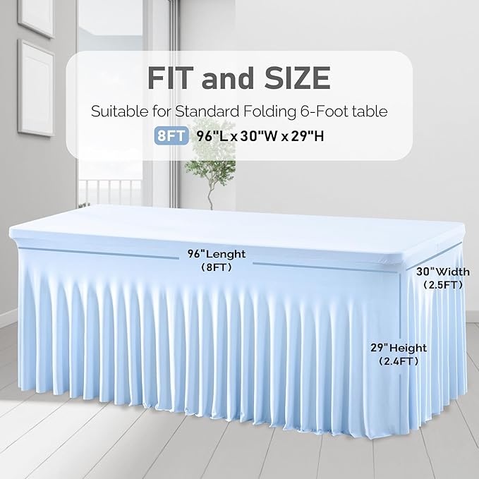 1 Pack Baby Blue Tableclothes for 8 Foot Rectangle Tables, One-Piece Wrinkle Resistant Stretch Spandex Table Covers with Skirt for Event Banquet Wedding Birthday Party