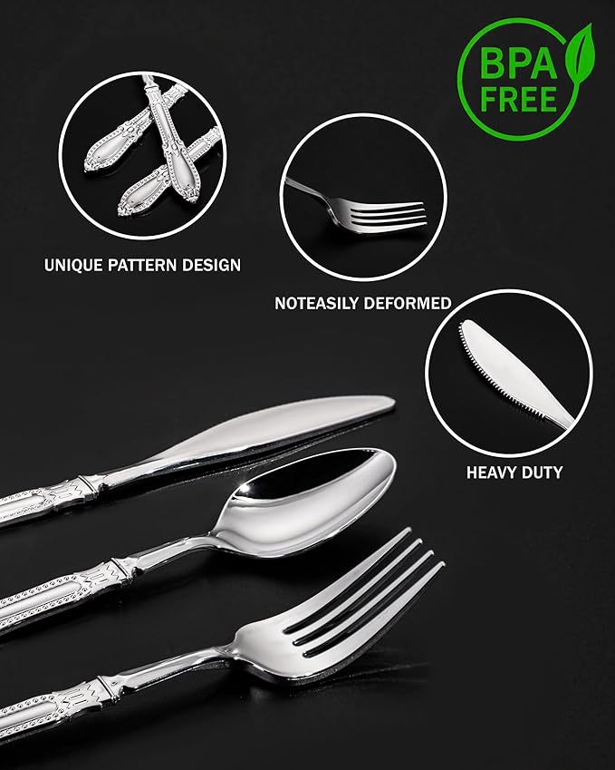 Nervure 150PCS Silver Plastic Silverware - Heavy Duty Disposable Cutlery Set, Luxury Silver Plastic Utensils include 50Pcs Forks, 50Pcs Spoons, 50pcs Knives Perfect for Wedding, Party, Daily Use