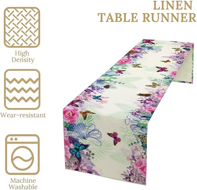 Butterfly Table Runner, Wildflowers Floral Butterfly Table Decoration Seasonal Summer Home Kitchen Dining Table Indoor Outdoor Farmhouse Decor 13x108 in