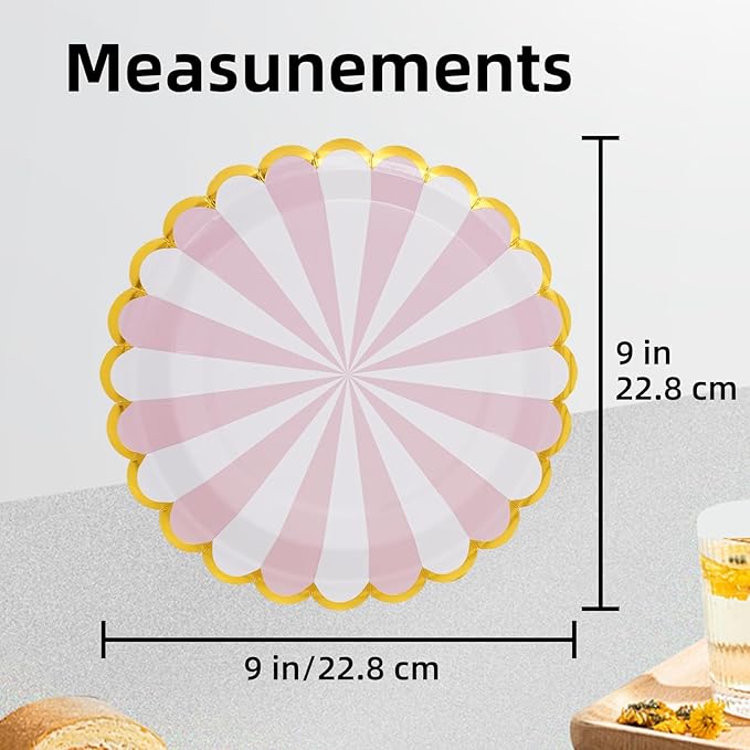 party paper plates,9 inch,scalloped disposable Paper Plates,compostable biodegradable utensils 50 - pack Gold Trimmed Striped Holiday Party Rehearsal 6 colors