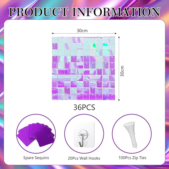 36 PCS Colorful Purpe Shimmer Wall Backdrop, Square Sequin Photo Backdrops Panel, Glitter Wall Background for Birthdays, Weddings, Halloween, Engagements, Disco Bachelorette Party Decoration (6FTx6FT)