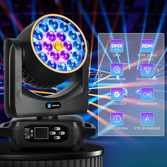Big Dipper LED Moving Head Lights 19X15W Stage Lighting with Zoom/Wash/Beam Lights, RGBW Uplight Moving Head Light with RDM & DMX Moving Head DJ Light for Nightclub Professional Event Bars